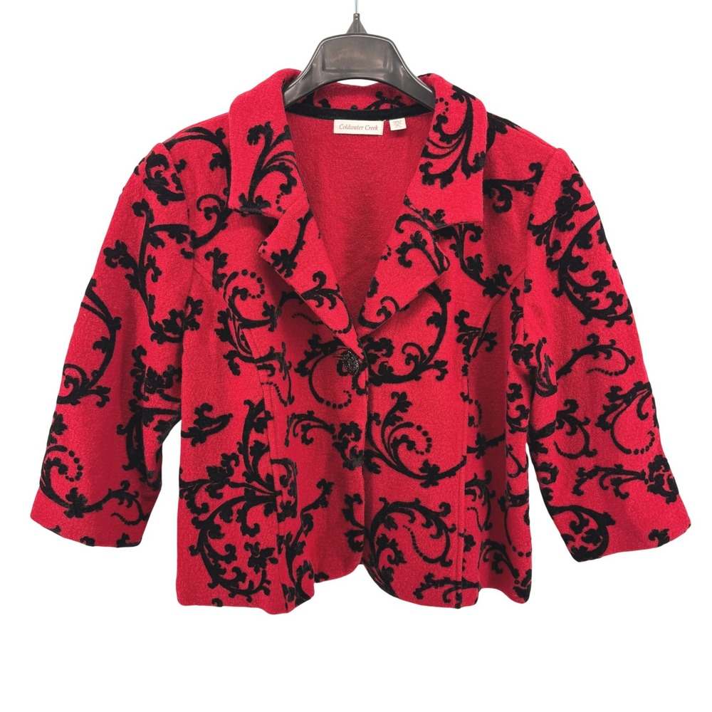 Vtg. Coldwater Creek Jacket Women PL Pre-Owned Red Black Damask 100% Wool Blazer